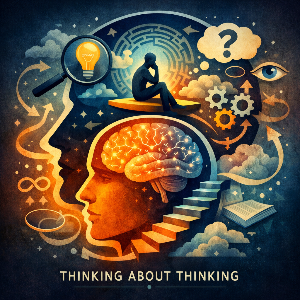 Illustration showing a human head with a brain, a person thinking, and symbolic icons representing thought process
